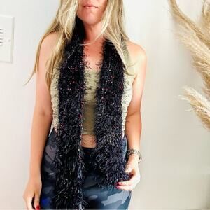 VINTAGE Black Eyelash Textured Knit Yarn Multi Red Strand Scarf Cloth Bib Wrap